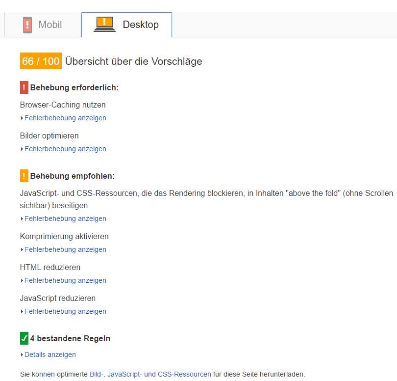 PageSpeed Insights ohne Optimierung
