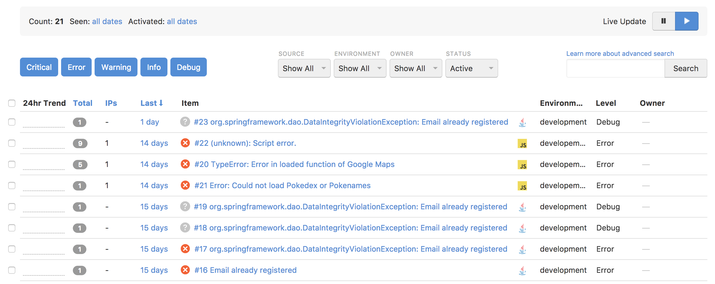 Error Log von Rollbar