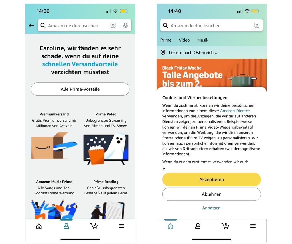 Zwei Screenshots der App Amazon. Erster zeigt den Screen, wenn man seine Prime Mitgliedschaft kündigen möchte. Dabei werden nochmal alle Vorteile aufgezählt. Zweiter Screenshot zeigt den Cookie-Banner mit der hervorgehobenen Option, sie zu akzeptieren.