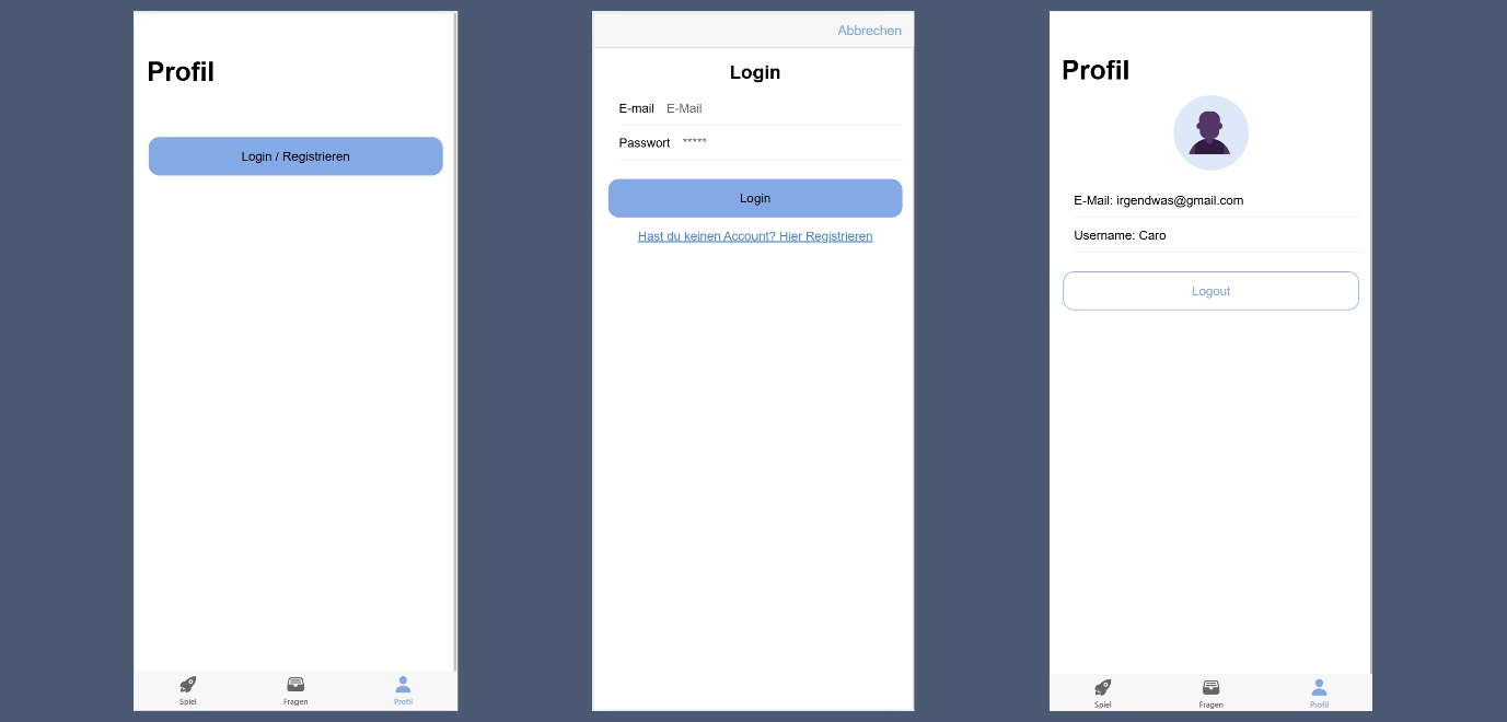Drei Screenshots der App. Der erste zeigt einen Button zum Login, der zweite das Login und der dritte das Profil mit einem User-Icon, der E-Mail und dem Usernamen.