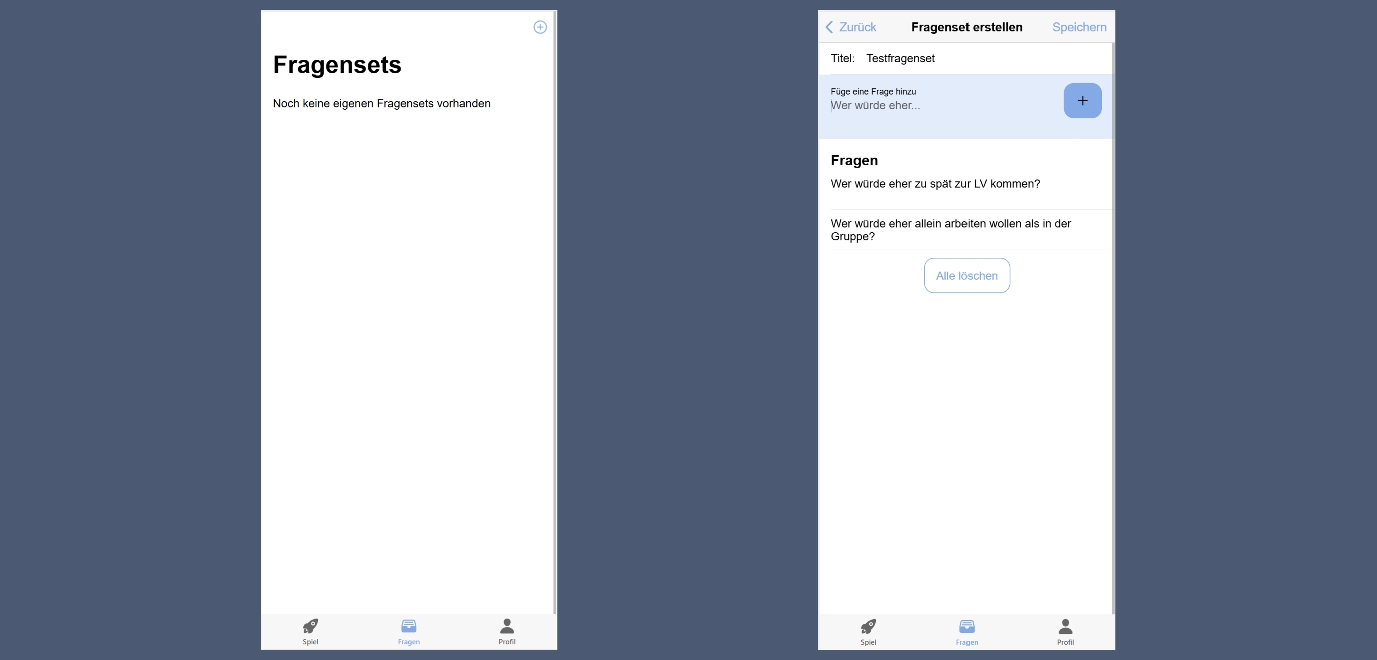 Zwei Screenshots der App. Auf einem sieht man, dass keine Fragensets vorhanden sind, und auf dem anderen hat man die Möglichkeit eines mit Titel und Fragen zu erstellen.